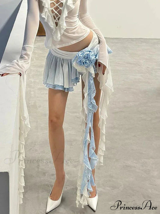 Floral Lace Mini Skirt Uneven Frill Urban Skirt Blue / S skirt-250126