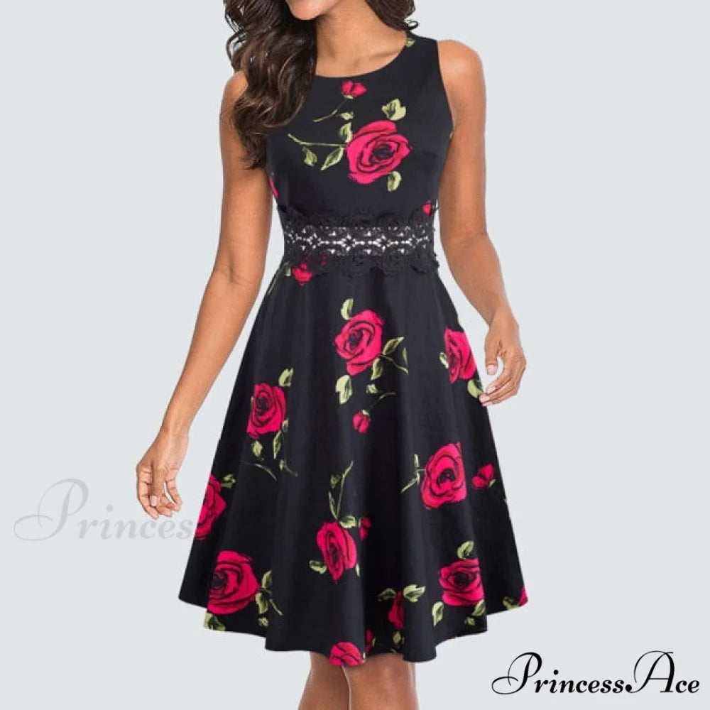 Floral Lace Patchwork Sleeveless Tunic Party Swing Dress