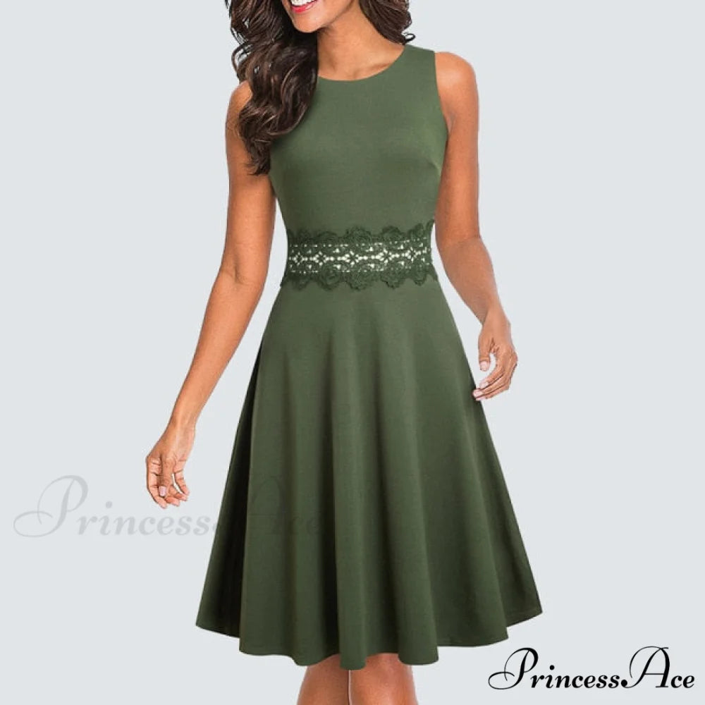 Floral Lace Patchwork Sleeveless Tunic Party Swing Dress Army Green / S