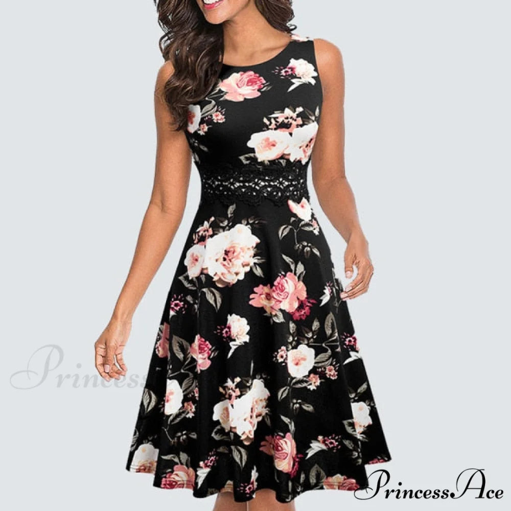 Floral Lace Patchwork Sleeveless Tunic Party Swing Dress Big White Floral / S