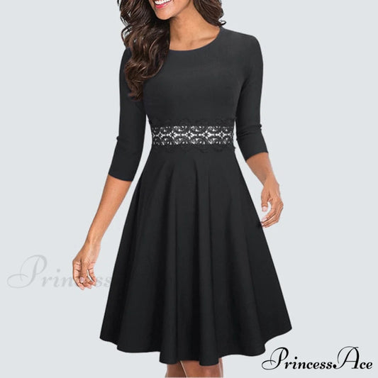 Floral Lace Patchwork Sleeveless Tunic Party Swing Dress Black / S