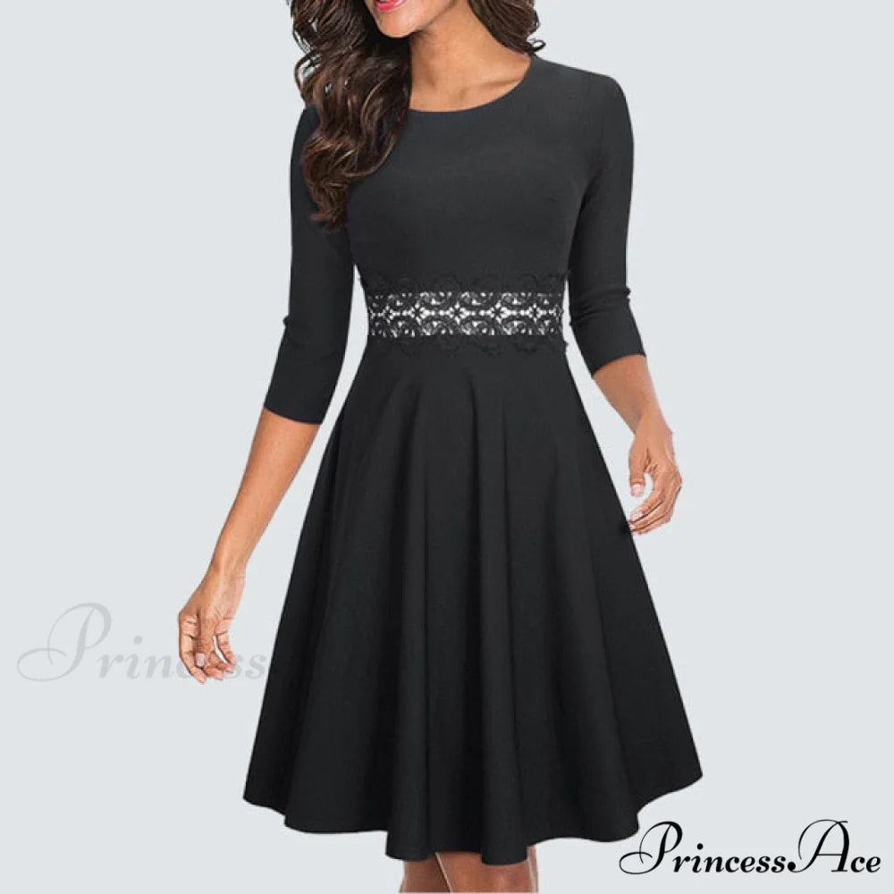 Floral Lace Patchwork Sleeveless Tunic Party Swing Dress Black Three Quarter / S