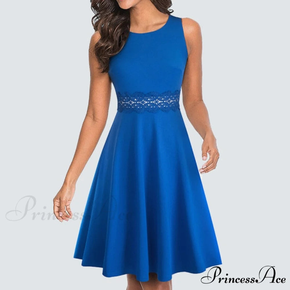 Floral Lace Patchwork Sleeveless Tunic Party Swing Dress Blue / S