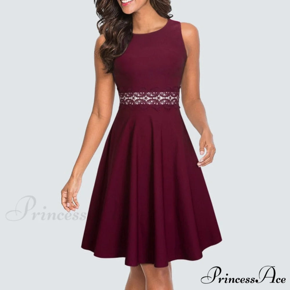 Floral Lace Patchwork Sleeveless Tunic Party Swing Dress Carmine / S