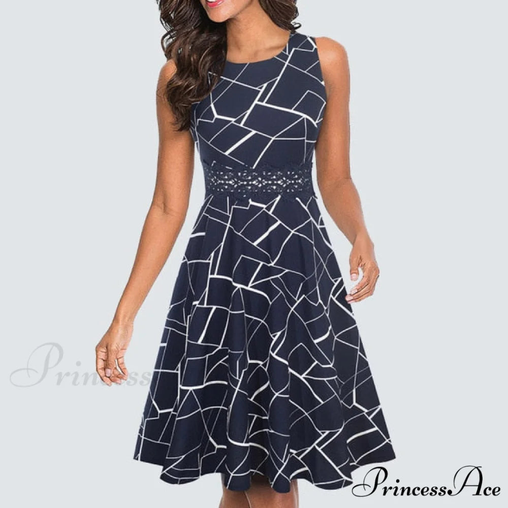 Floral Lace Patchwork Sleeveless Tunic Party Swing Dress Dark Blue stripe / S