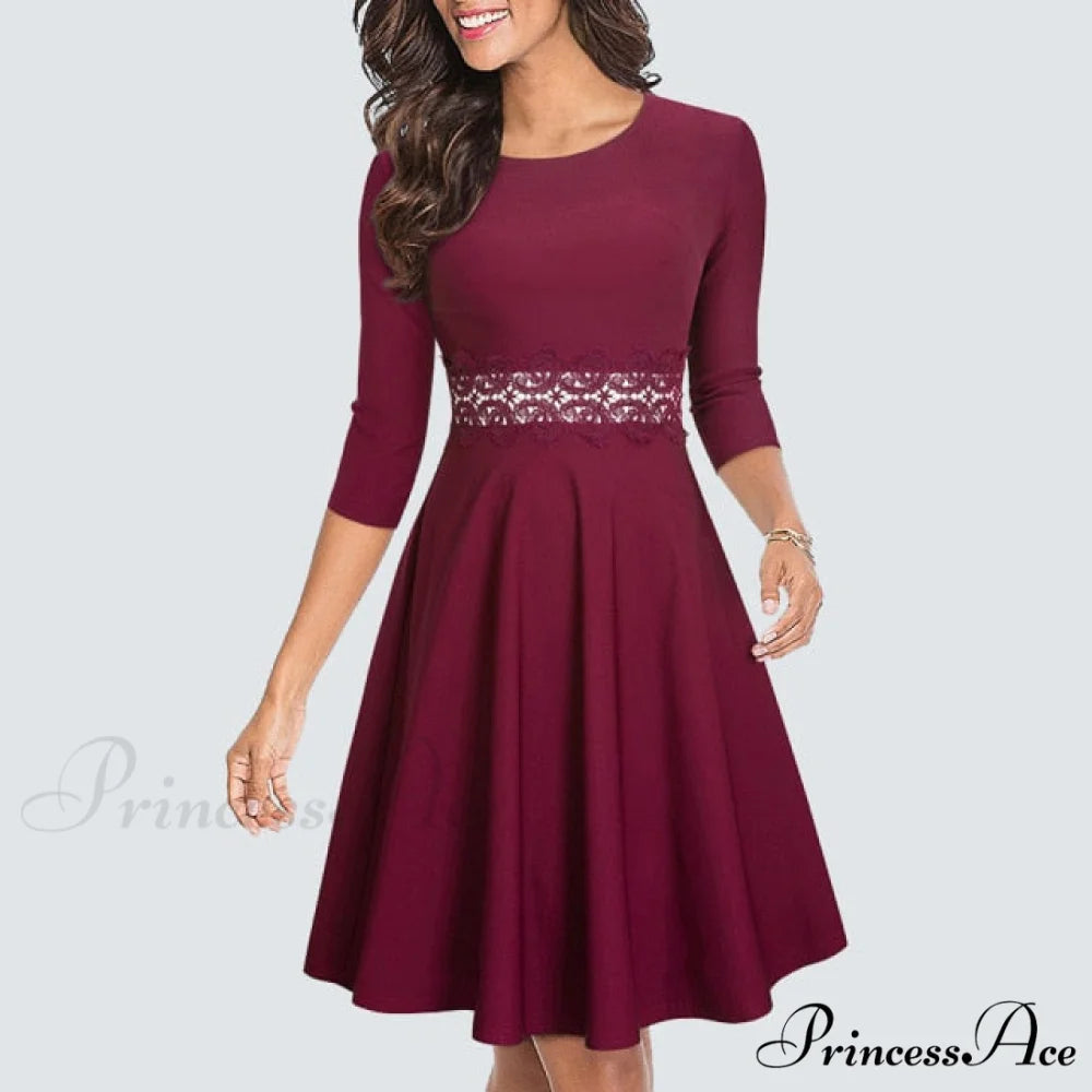 Floral Lace Patchwork Sleeveless Tunic Party Swing Dress Dark Red / S