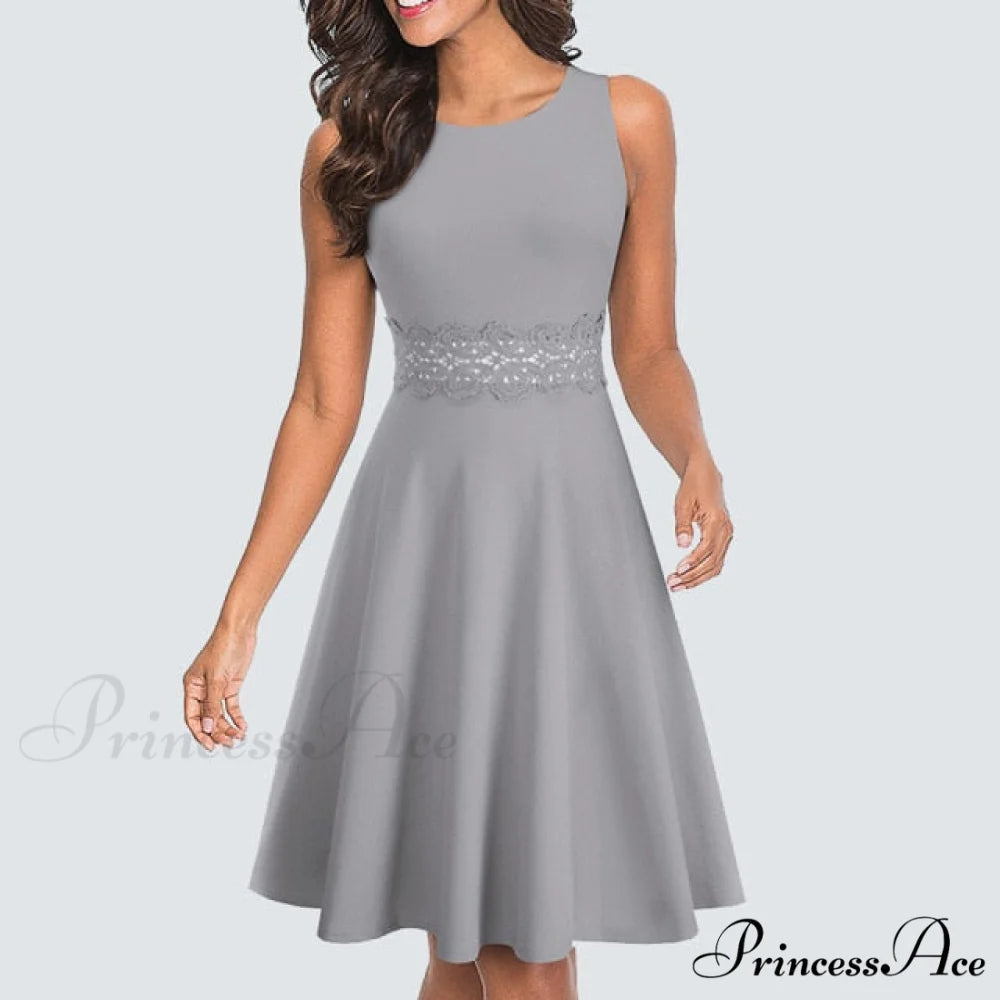 Floral Lace Patchwork Sleeveless Tunic Party Swing Dress Gray / S