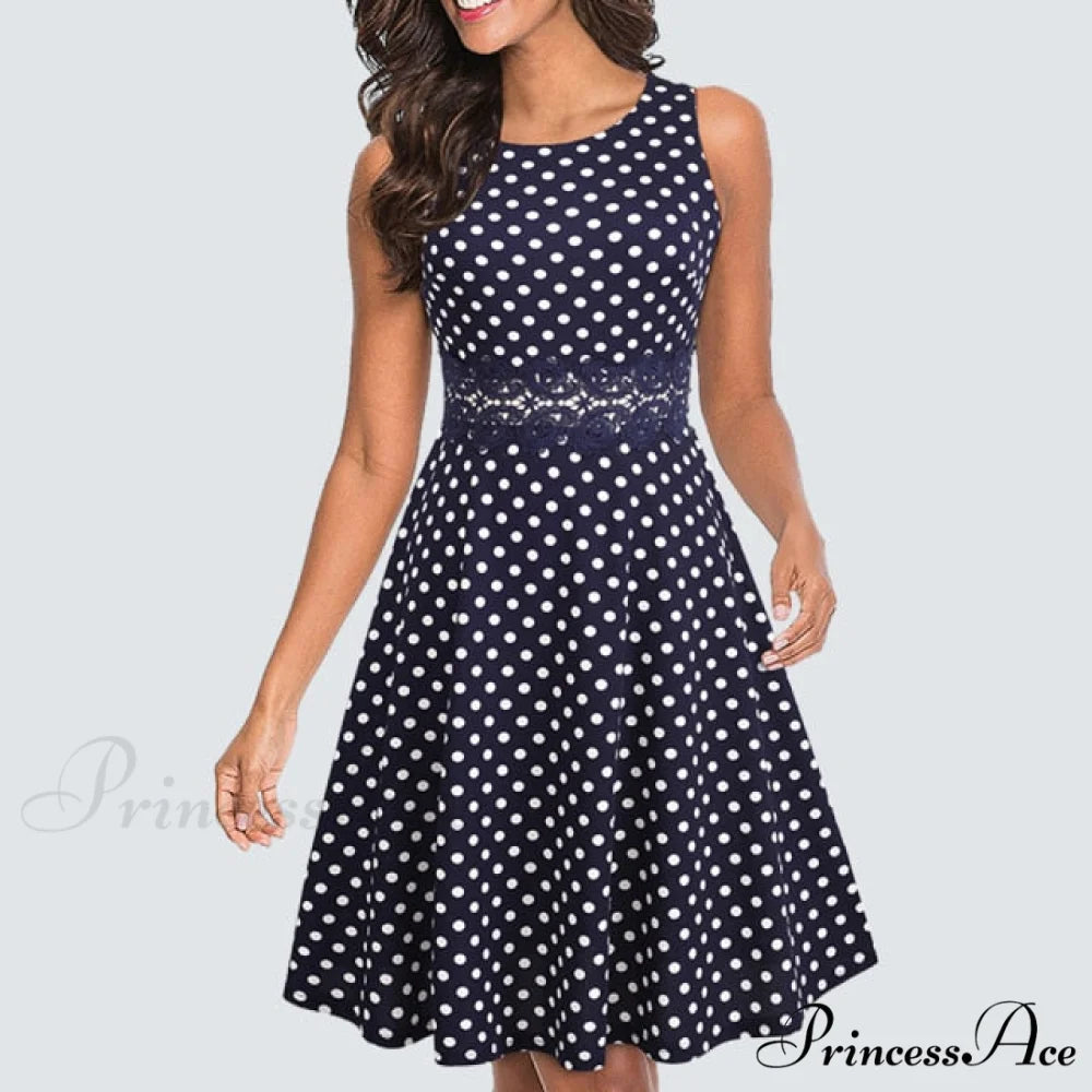 Floral Lace Patchwork Sleeveless Tunic Party Swing Dress Navy And Dots / S