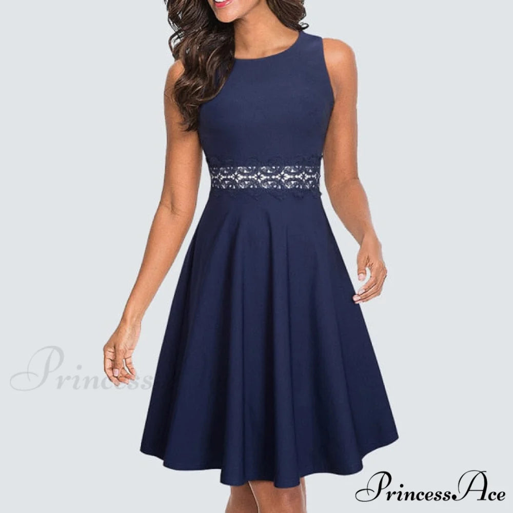 Floral Lace Patchwork Sleeveless Tunic Party Swing Dress Navy / S