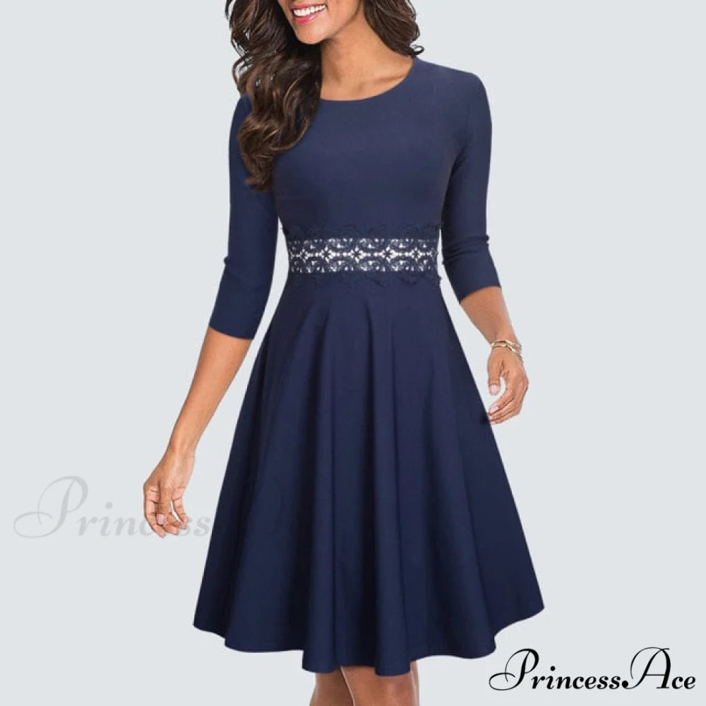 Floral Lace Patchwork Sleeveless Tunic Party Swing Dress Navy Three Quarter / S