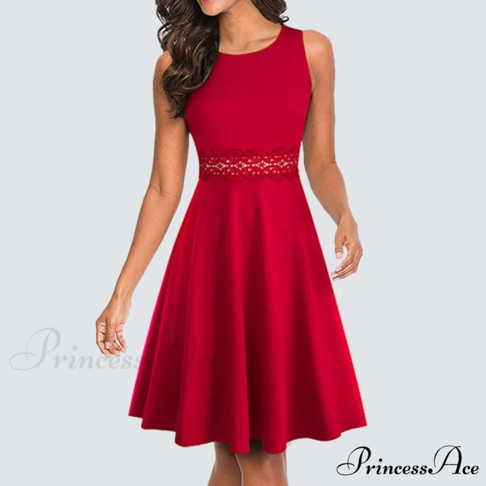 Floral Lace Patchwork Sleeveless Tunic Party Swing Dress Red / S