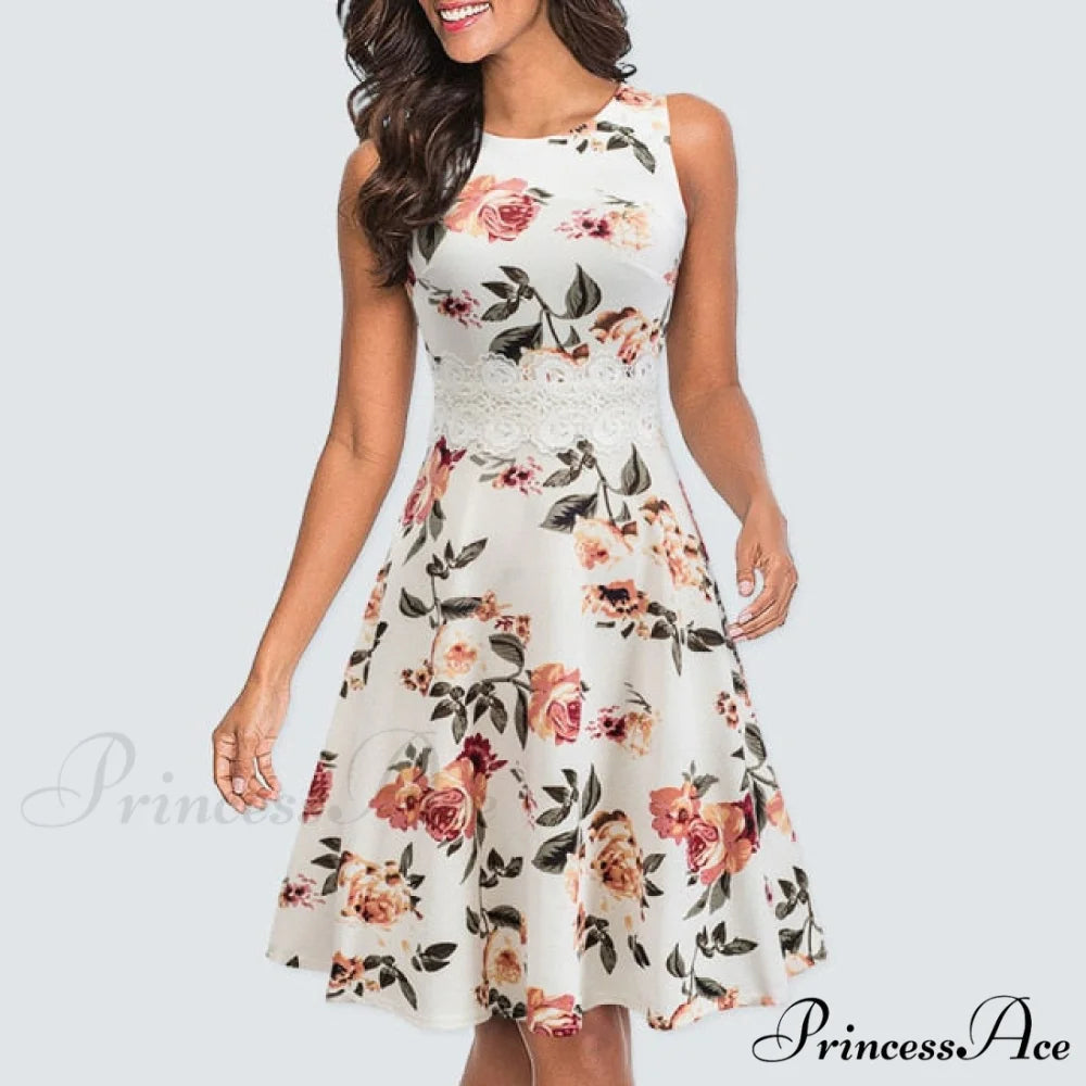 Floral Lace Patchwork Sleeveless Tunic Party Swing Dress White Flower / S