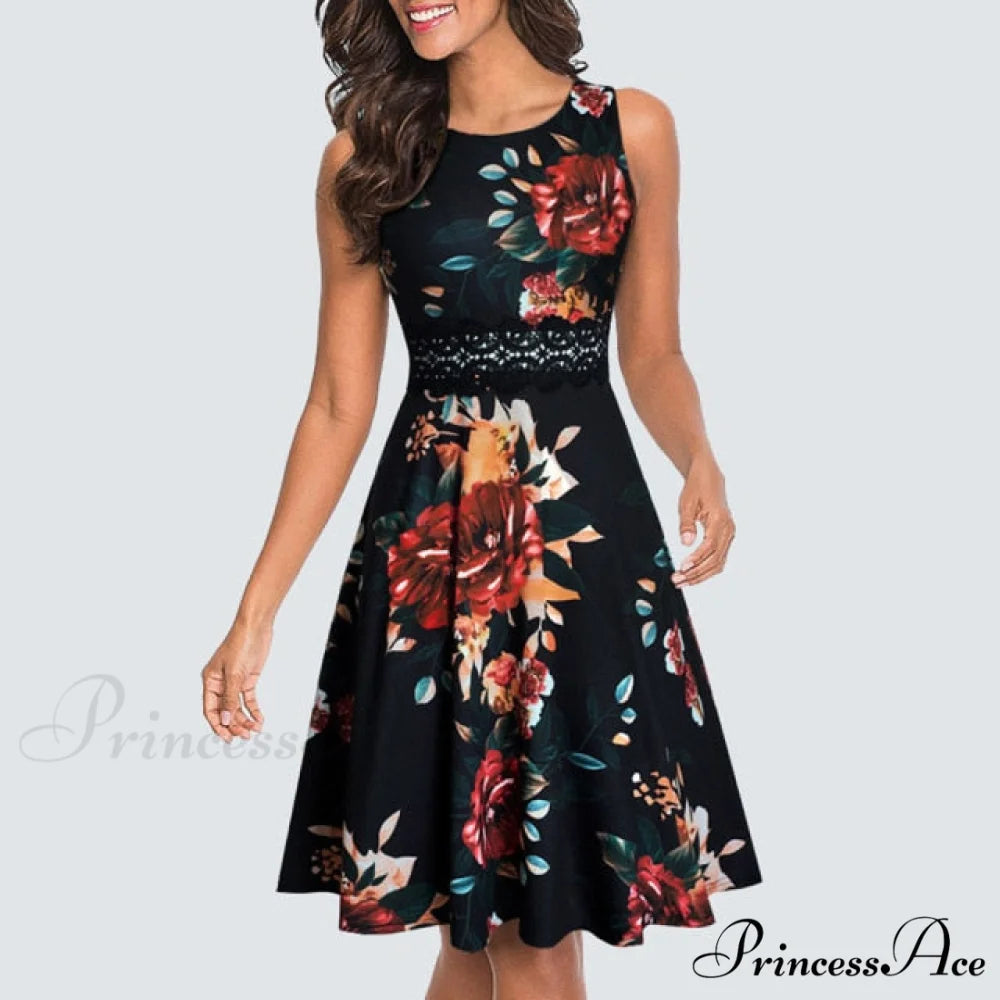 Floral Lace Patchwork Sleeveless Tunic Party Swing Dress Yellow Black Floral / S