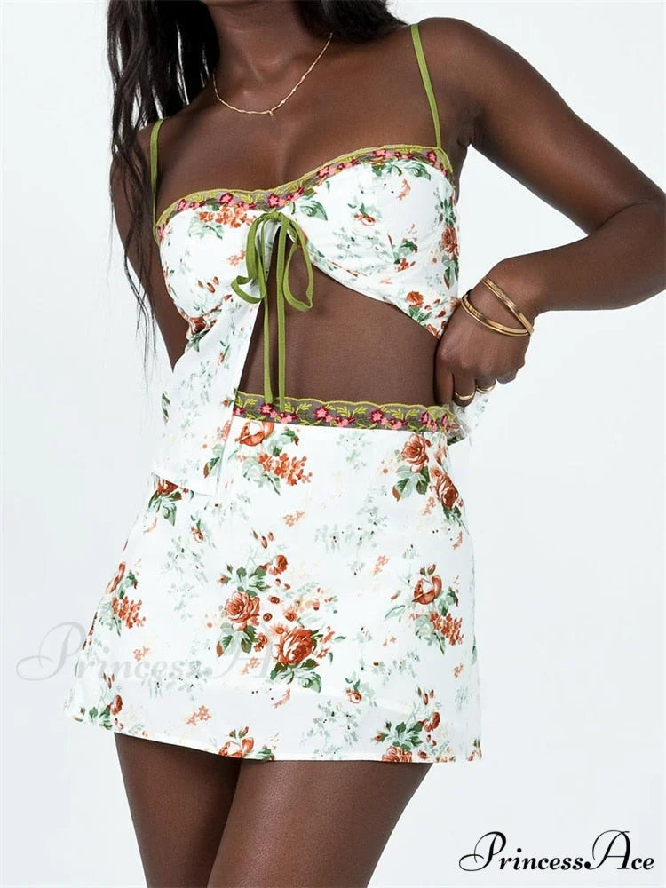 Floral Lace Print Tie Up Trendy Crop Top And Mini Skirt Set S