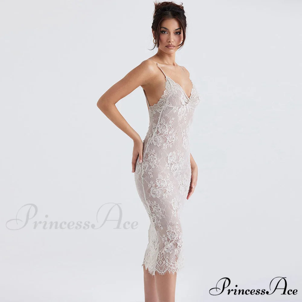 Floral Lace Ruched Tie Back Cap Sophisticated Sleeve Square Neck Mini Sundress - White M / White