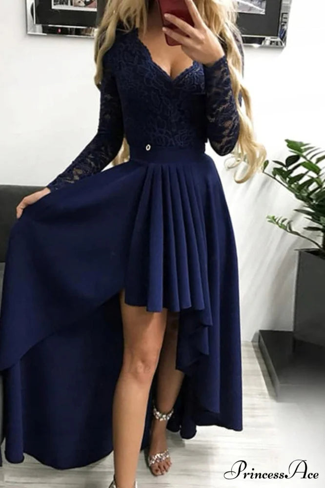 Floral Lace Satin Charming Maxi Prom Dress S / Blue