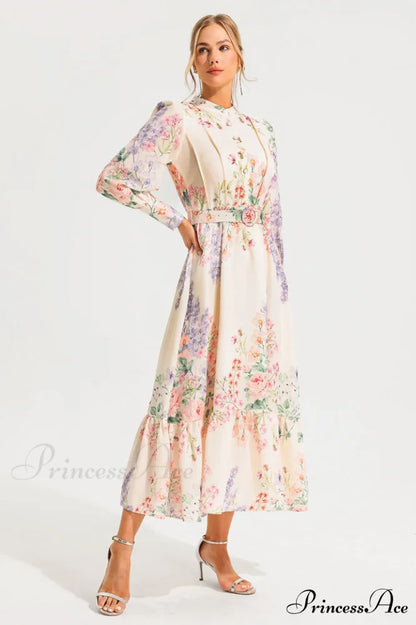 Floral Long Sleeve Charming Maxi Dress With Belt