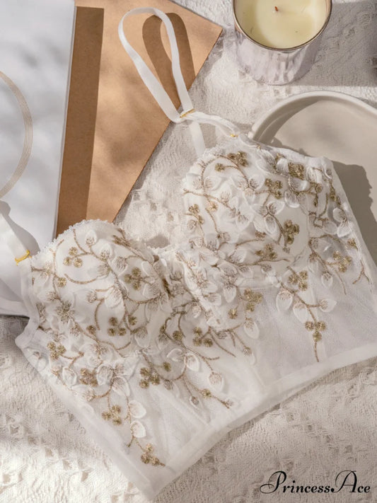 Floral Mesh Lace Trendy Crop Corset Top Off-White / XS