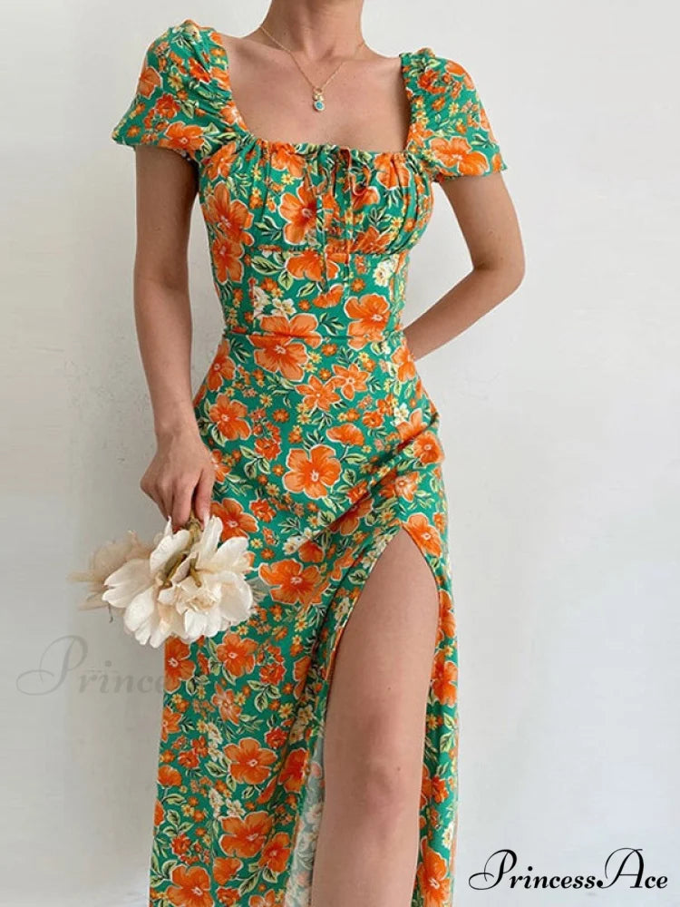 Floral Midi Dress with Puffy Sleeves and Slit S / Green