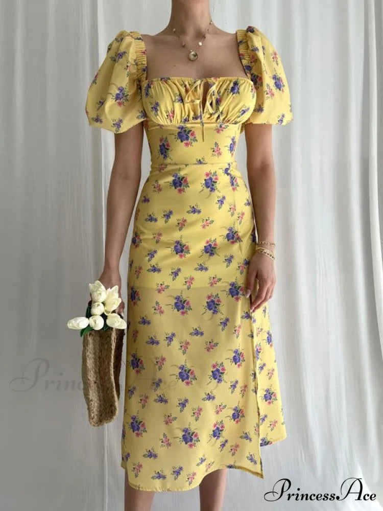 Floral Midi Dress with Puffy Sleeves and Slit S / White