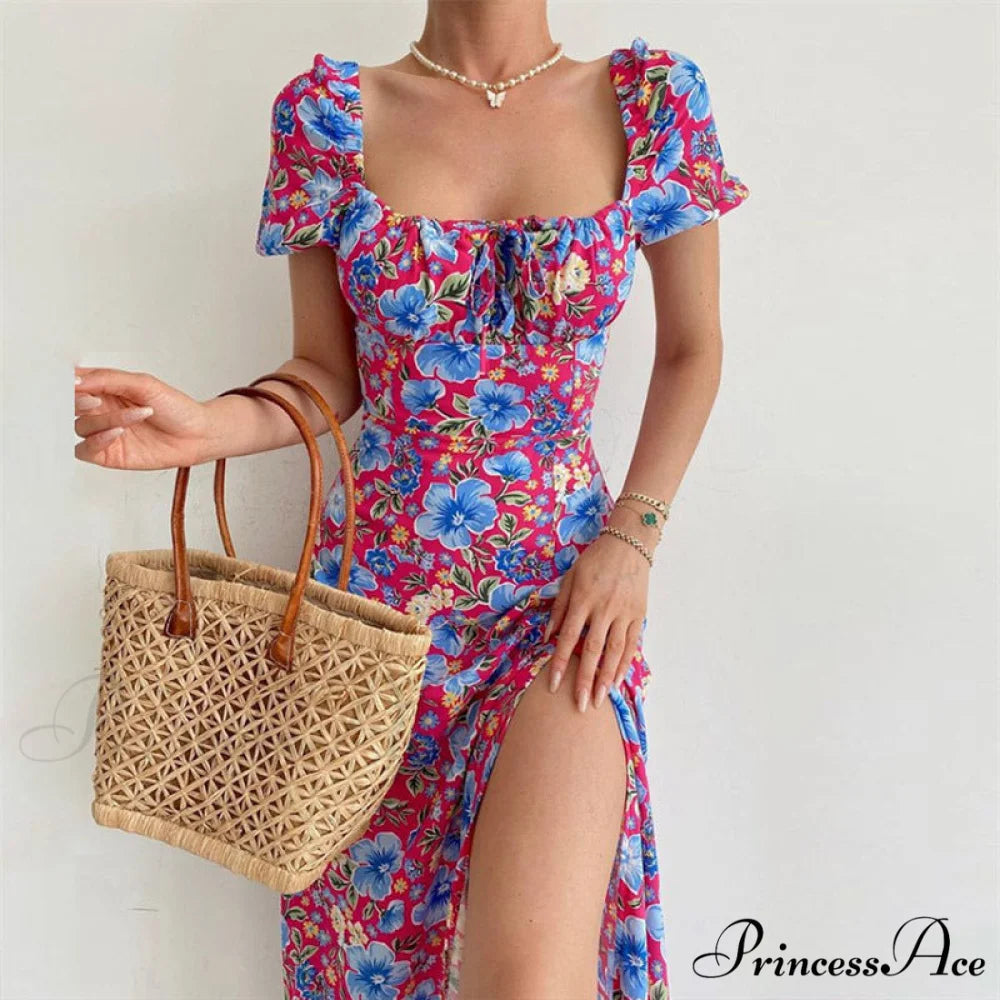 Floral Midi Dress with Puffy Sleeves and Slit S / Yellow