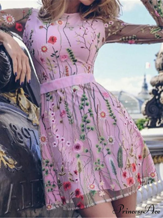 Floral Mini Dress with Long Sleeves S / Pink