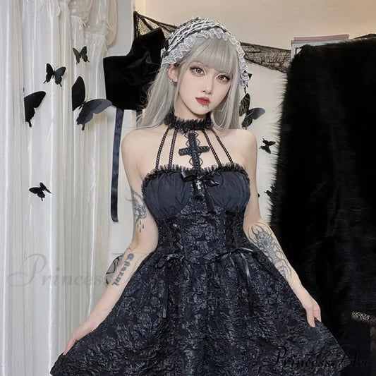 Floral Mini Y2K Lace Up Sexy Backless Halter Lace Sleeveless Jacquard Luxury Fairy Bodycon Dress Black / S