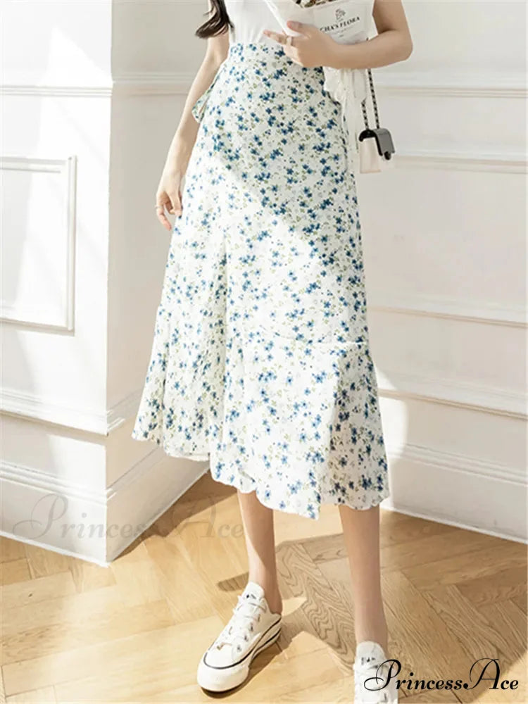 Floral Pattern A-Line Bohemian Retro Skirt Summer Spring Begonia Blue / One Size skirt-250126