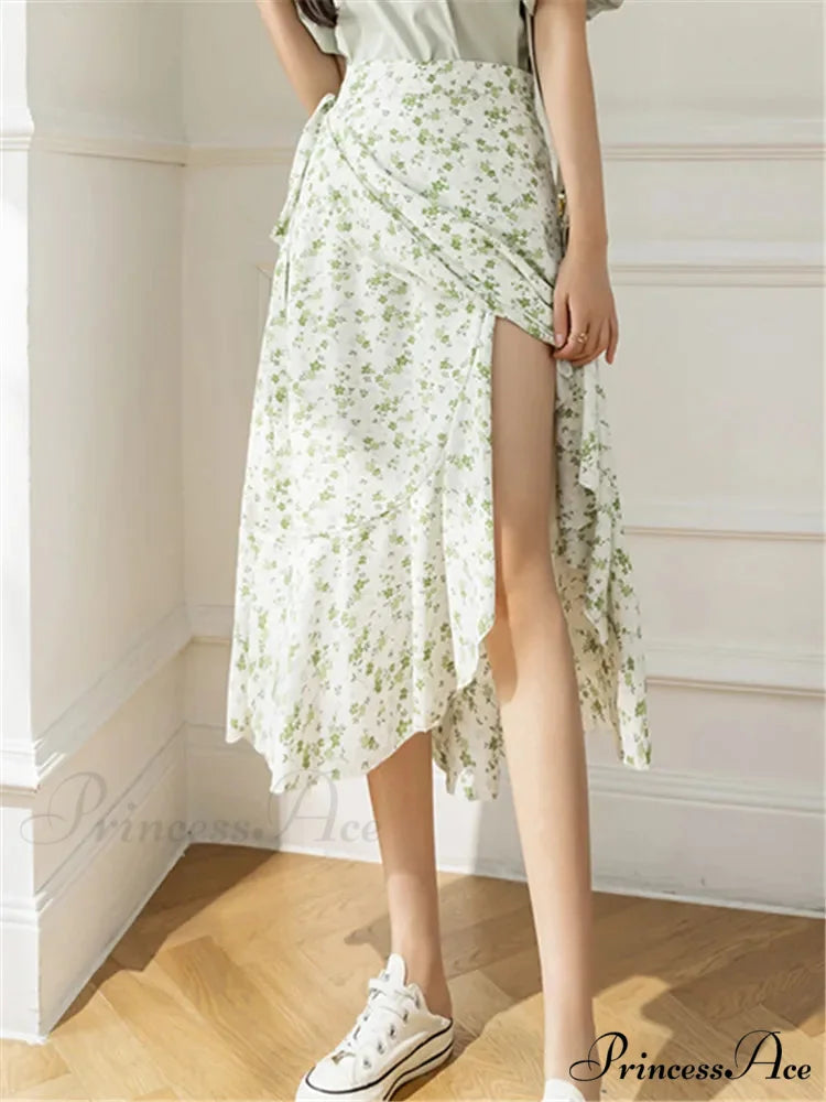 Floral Pattern A-Line Bohemian Retro Skirt Summer Spring Begonia Green / One Size skirt-250126