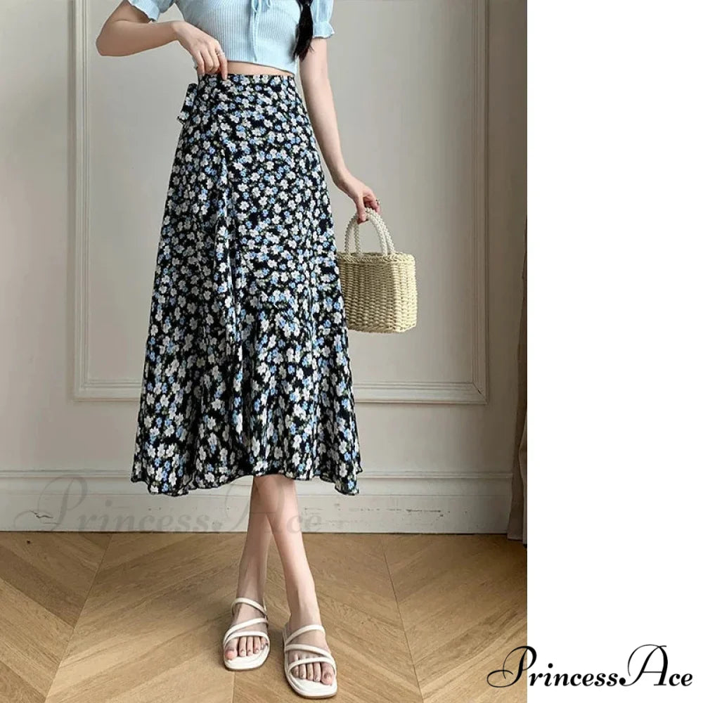 Floral Pattern A-Line Bohemian Retro Skirt Summer Spring black-baihe / One Size skirt-250126