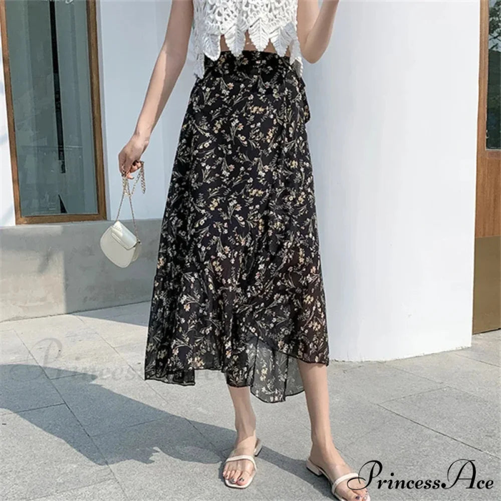 Floral Pattern A-Line Bohemian Retro Skirt Summer Spring black-shuixian / One Size skirt-250126