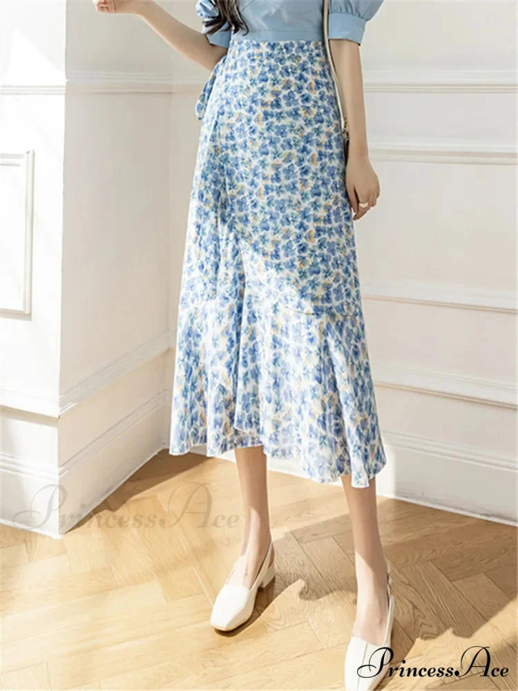 Floral Pattern A-Line Bohemian Retro Skirt Summer Spring Butterfly Blue / One Size skirt-250126