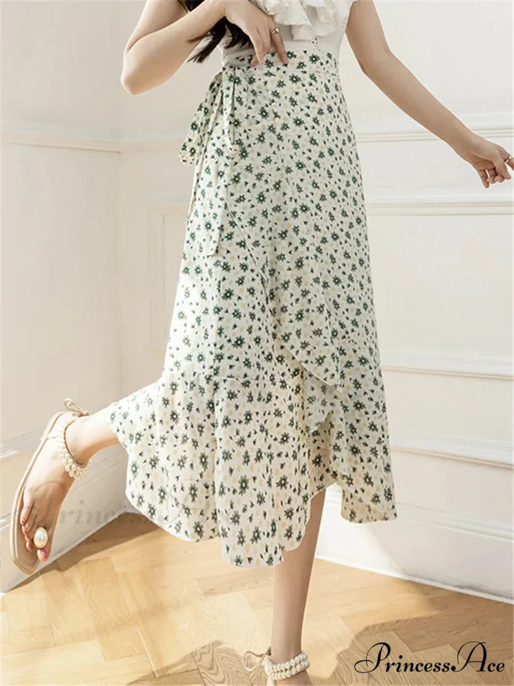 Floral Pattern A-Line Bohemian Retro Skirt Summer Spring Campanulaceae Green / One Size skirt-250126