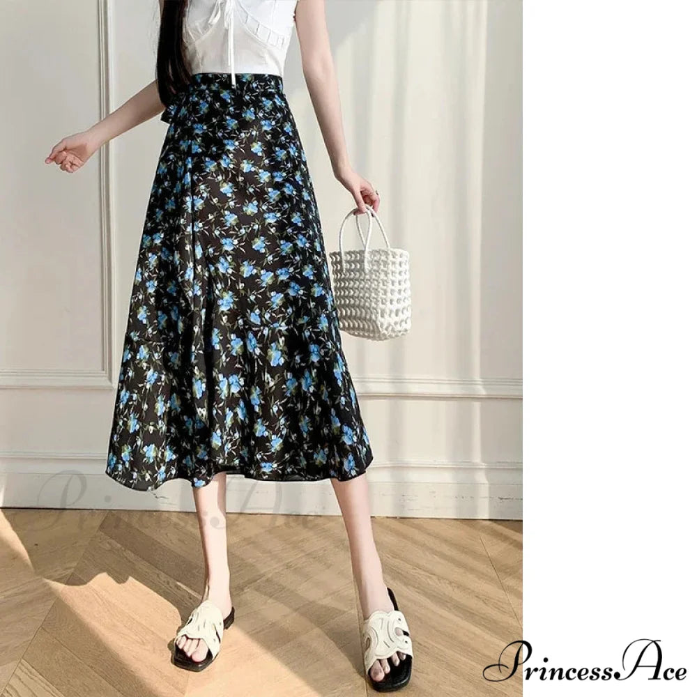 Floral Pattern A-Line Bohemian Retro Skirt Summer Spring doukou-blue / One Size skirt-250126