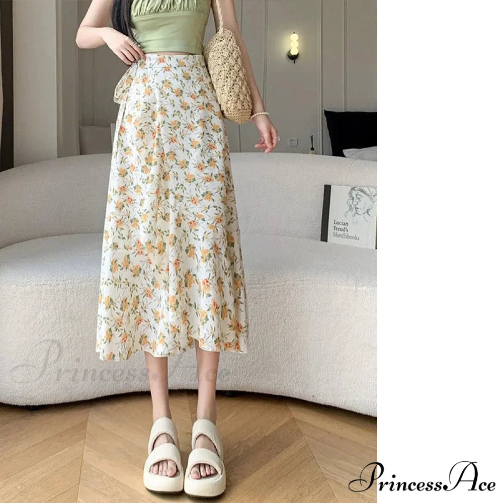 Floral Pattern A-Line Bohemian Retro Skirt Summer Spring doukou-yellow / One Size skirt-250126