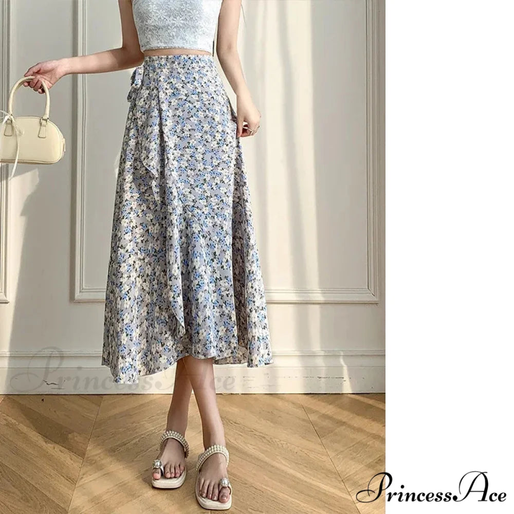 Floral Pattern A-Line Bohemian Retro Skirt Summer Spring grey-baihe / One Size skirt-250126