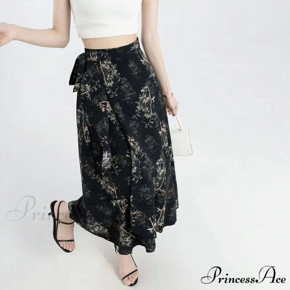 Floral Pattern A-Line Bohemian Retro Skirt Summer Spring leaf-black / One Size skirt-250126
