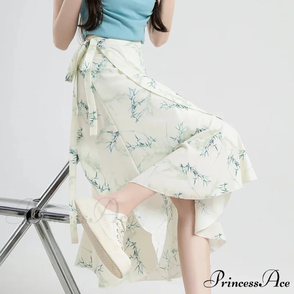Floral Pattern A-Line Bohemian Retro Skirt Summer Spring leaf-white / One Size skirt-250126
