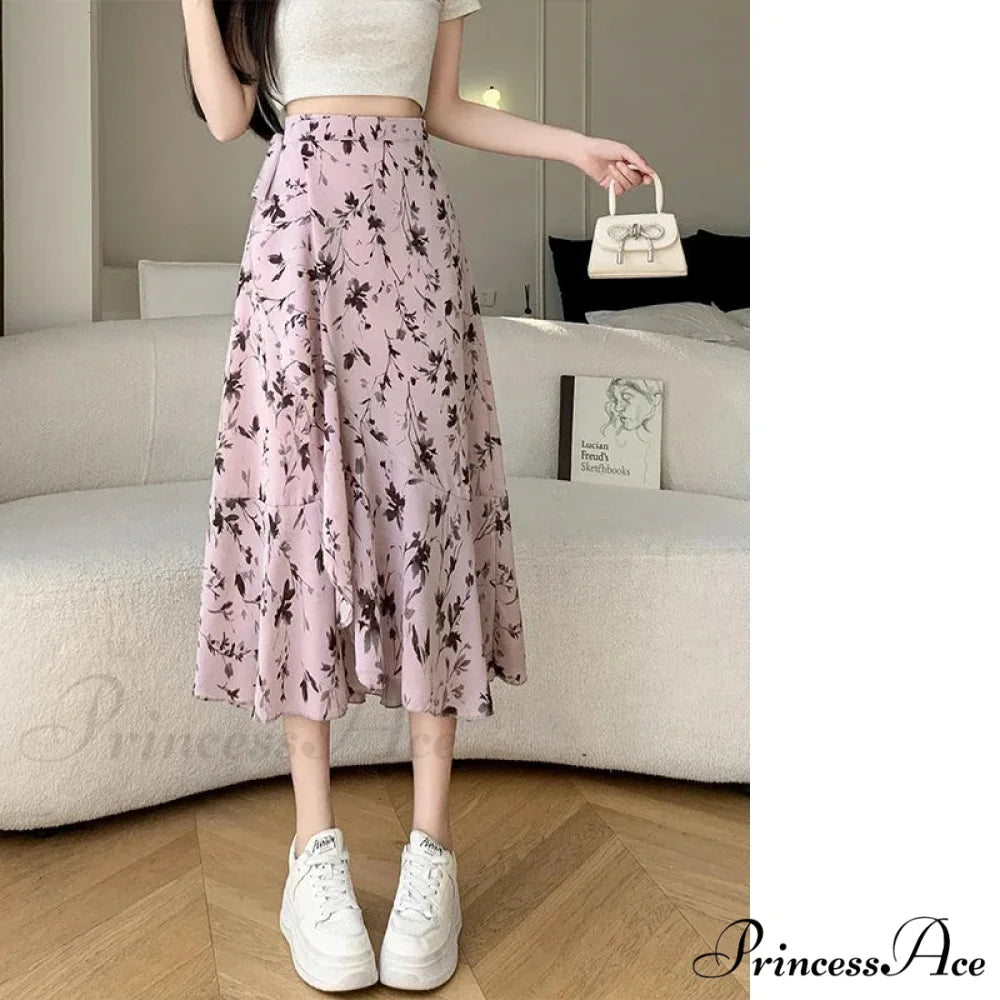 Floral Pattern A-Line Bohemian Retro Skirt Summer Spring pink-danqin / One Size skirt-250126