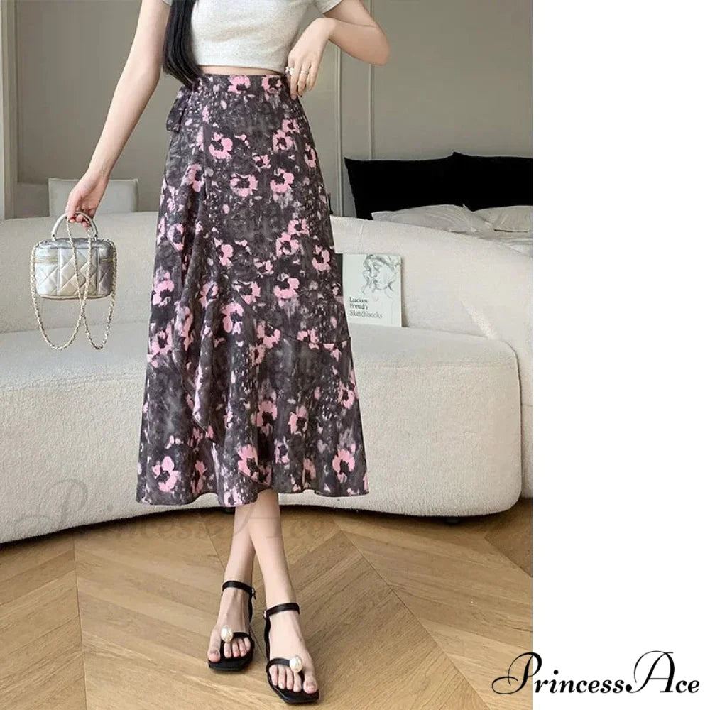 Floral Pattern A-Line Bohemian Retro Skirt Summer Spring pink-haitang / One Size skirt-250126