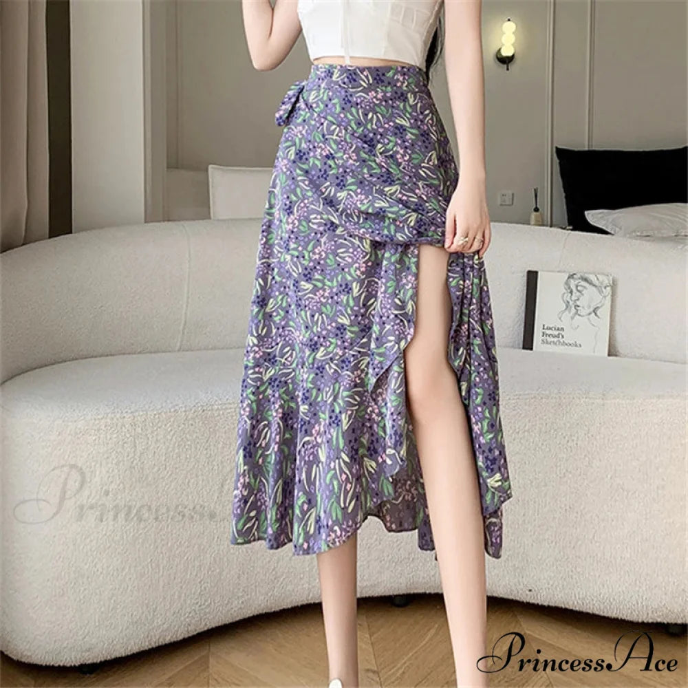 Floral Pattern A-Line Bohemian Retro Skirt Summer Spring purple-fanhua / One Size skirt-250126