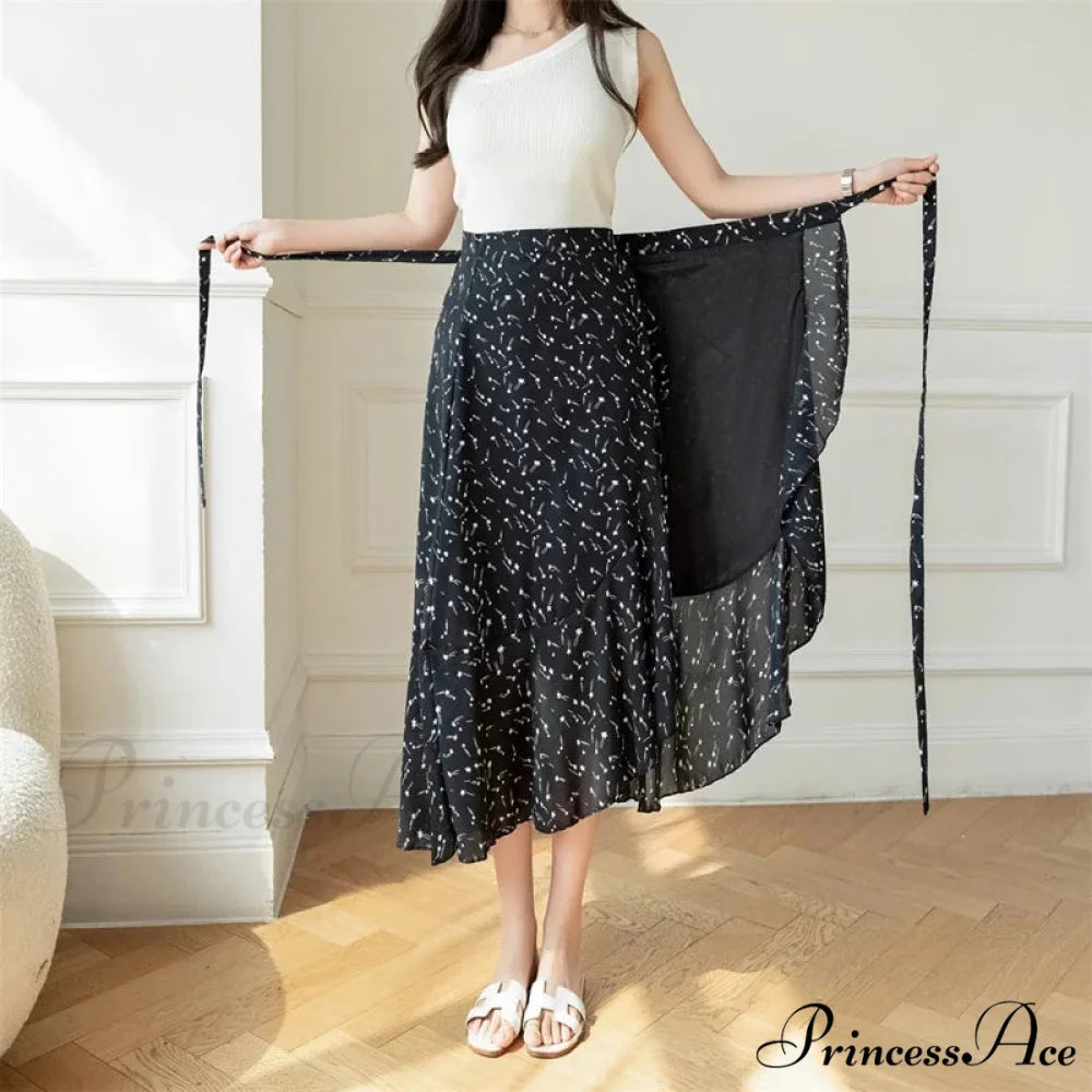 Floral Pattern A-Line Bohemian Retro Skirt Summer Spring star-black / One Size skirt-250126