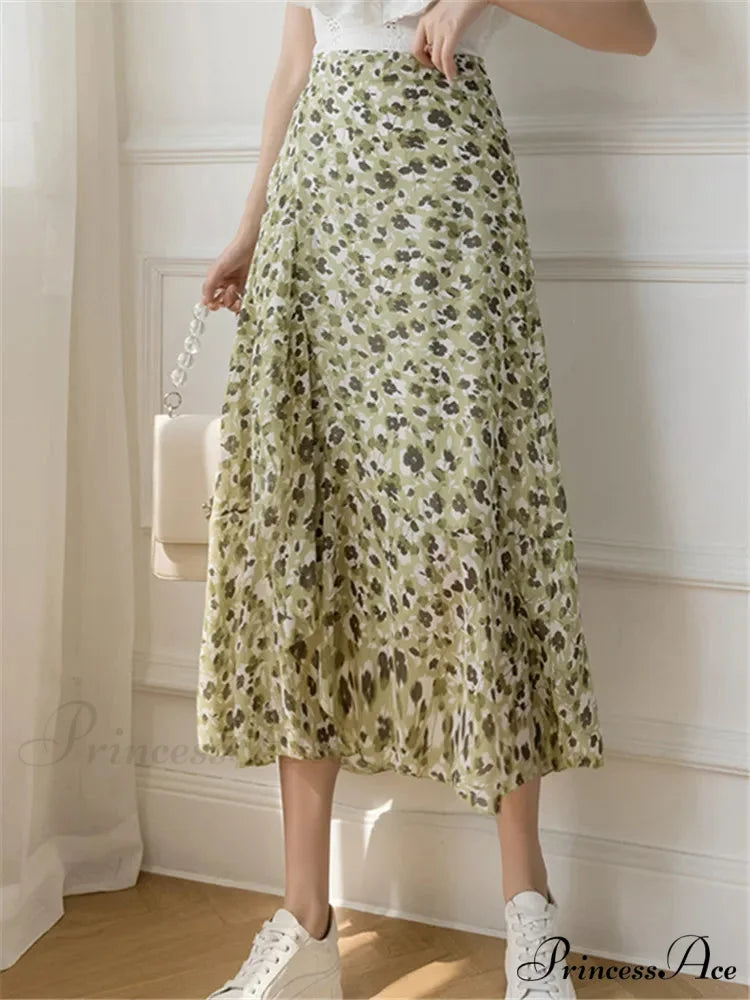 Floral Pattern A-Line Bohemian Retro Skirt Summer Spring Tea Green / One Size skirt-250126
