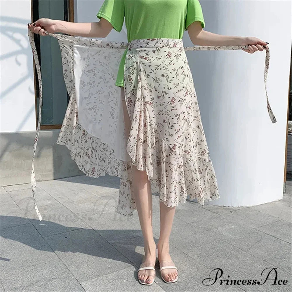 Floral Pattern A-Line Bohemian Retro Skirt Summer Spring white-shuixian / One Size skirt-250126