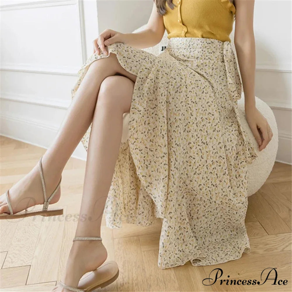 Floral Pattern A-Line Bohemian Retro Skirt Summer Spring yellow-moli / One Size skirt-250126