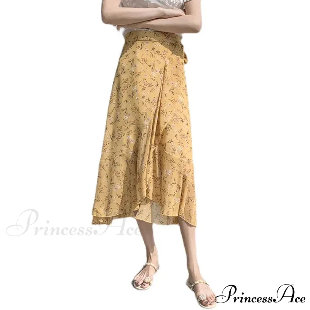 Floral Pattern A-Line Bohemian Retro Skirt Summer Spring yellow-shuixian / One Size skirt-250126