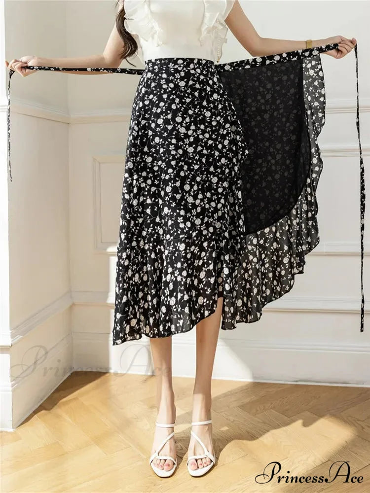 Floral Pattern A-Line Bohemian Retro Skirt Summer Spring Yuanshan Black Tea / One Size skirt-250126