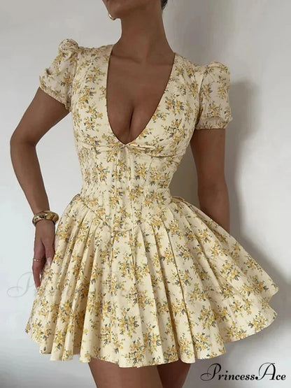 Floral Pattern Plunging Neckline Short Dress minidress-250223