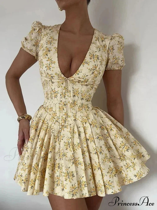 Floral Pattern Plunging Neckline Short Dress minidress-250223