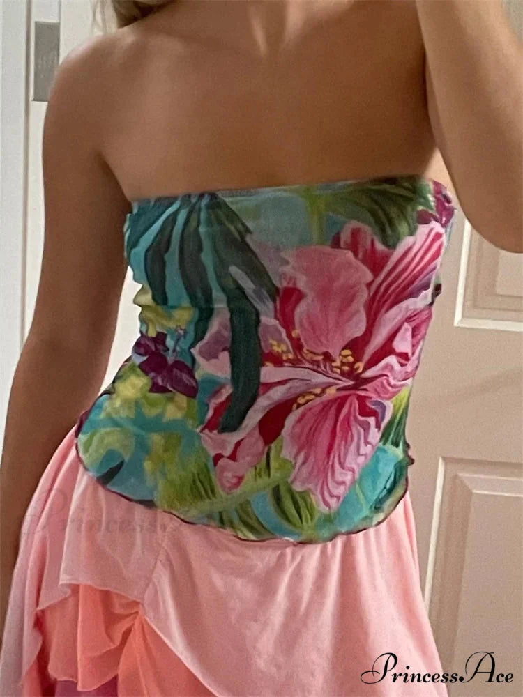 Floral Pattern Sleeveless Open-Back Tube Crop Top PINK / S croptop-250126